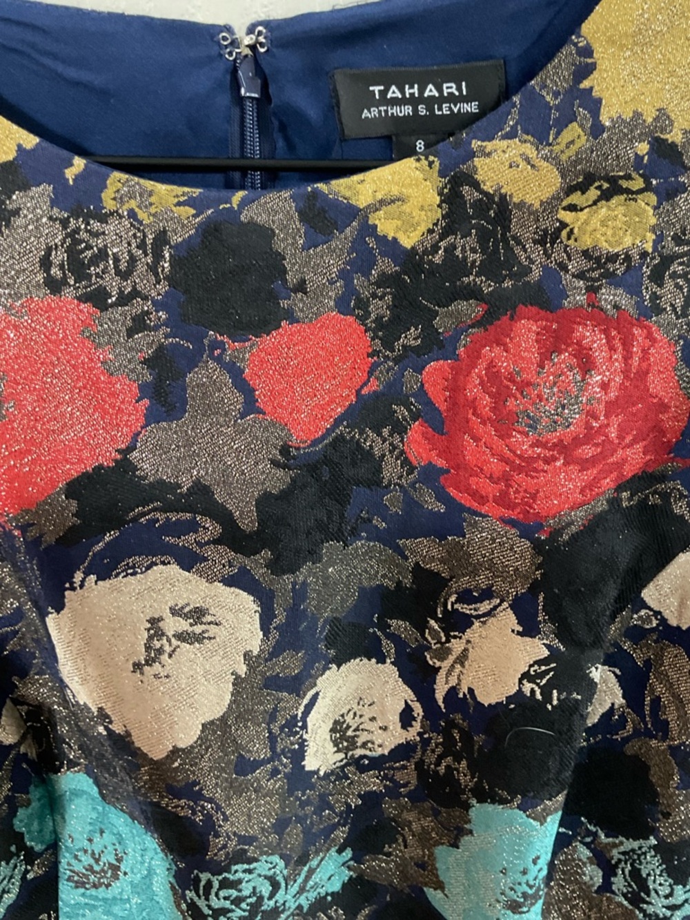 Tahari Cold Shoulder Floral Fit & Flare Metallic Jacquard dress 8 chic,cocktail - Picture 14 of 16